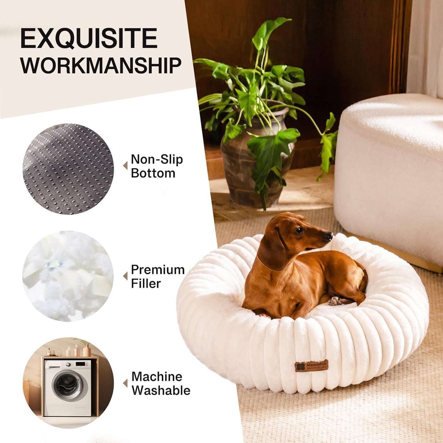 MEWOOFUN Calming Round Fluffy Dog Bed for Small Pets - Luxurious Non-Slip, Washable Design, 25x25x7 Inch in Cream