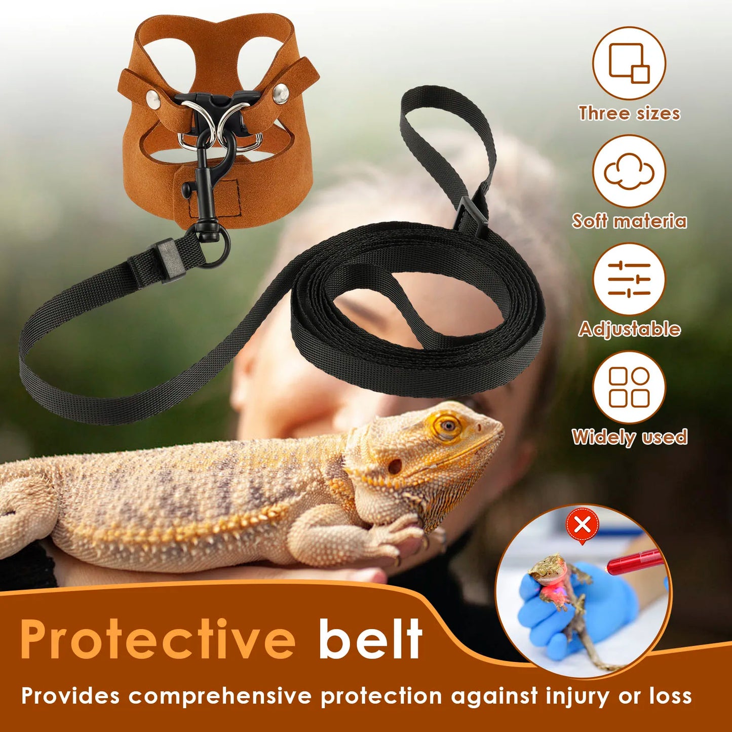 Adjustable 3-Piece Harness and Leash Set for Bearded Dragons, Chameleons, and Amphibians