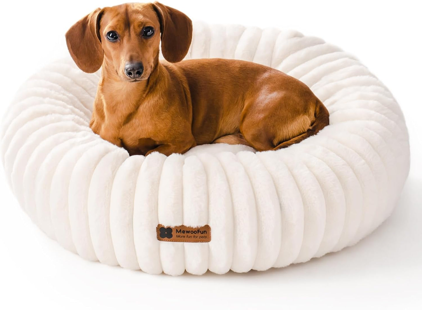 MEWOOFUN Calming Round Fluffy Dog Bed for Small Pets - Luxurious Non-Slip, Washable Design, 25x25x7 Inch in Cream