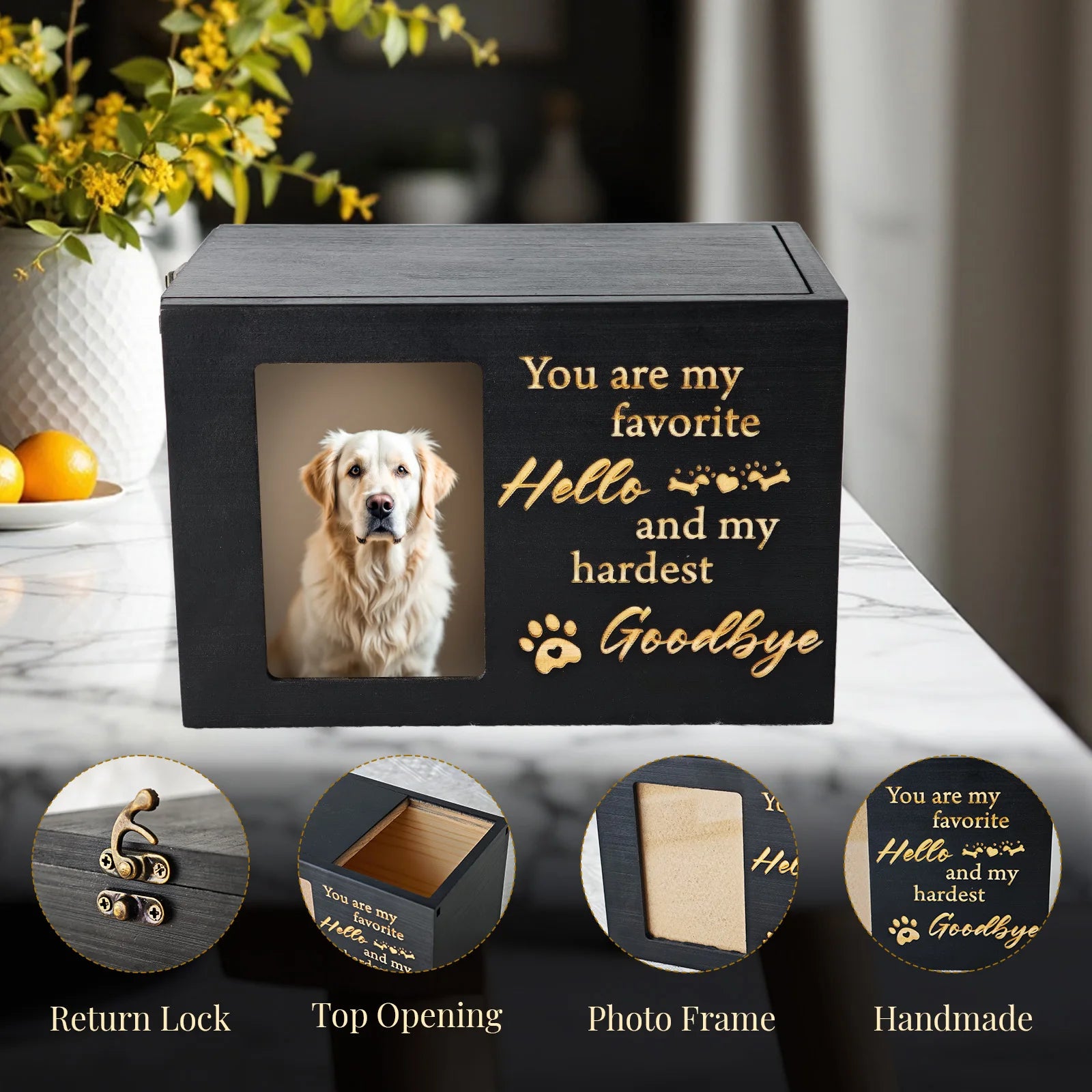 7-Inch Wooden Pet Memorial Urn with Photo Frame, Key, and Lock - Memorial Gifts for Beloved Dogs