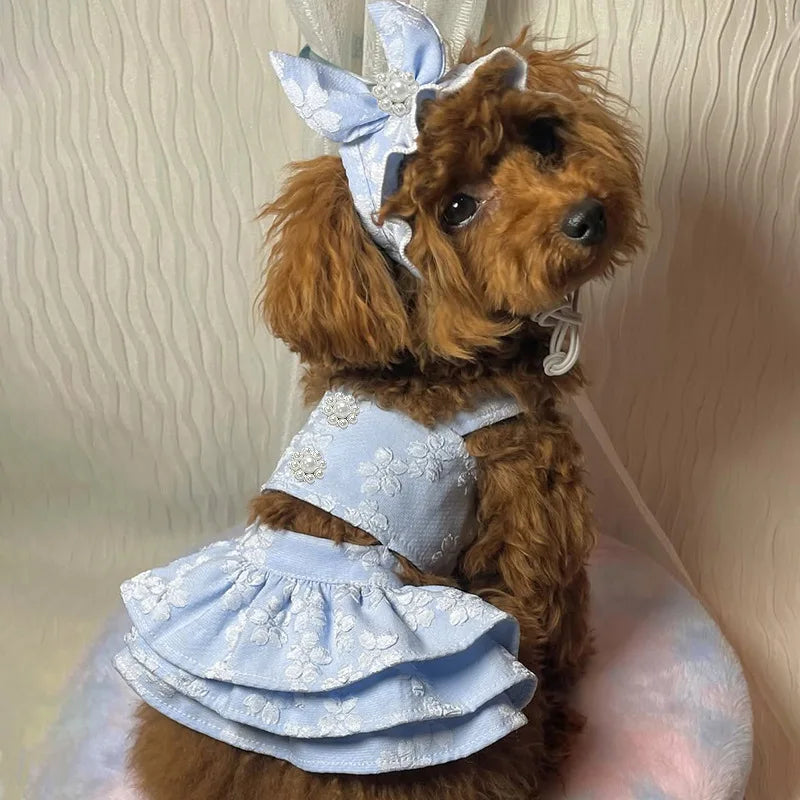 Embroidered Cat Princess Jumpsuit with Hat for Small Dogs and Teddy Bears - Spring and Summer Collection