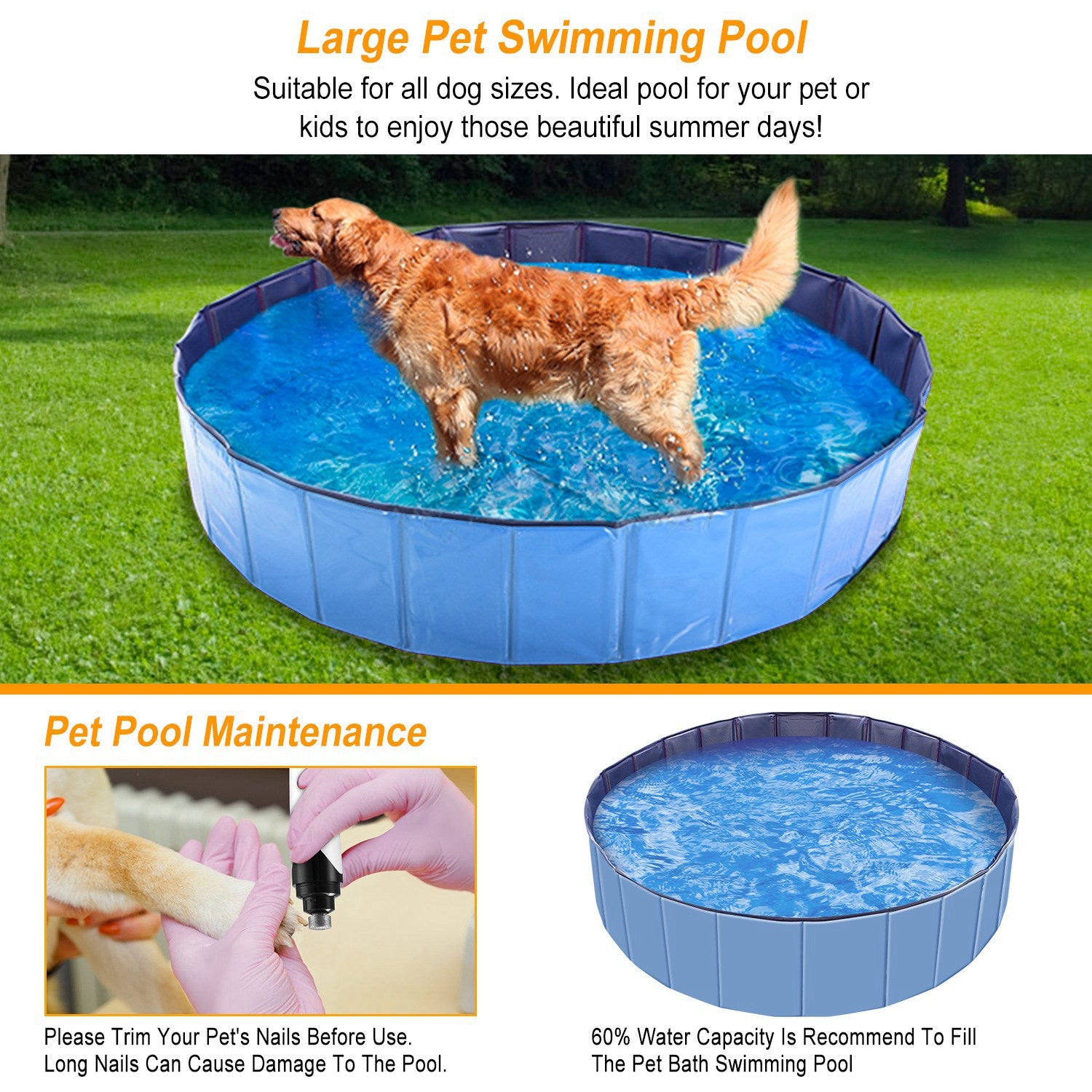 Foldable PVC Pet Swimming Pool - 160 x 160 x 30 cm (63.0 x 63.0 x 11.8 inches) for Dog Bathing and Playtime