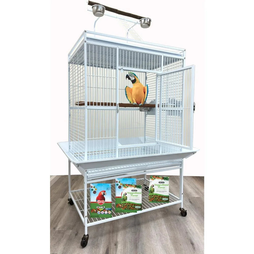Extra Large Elegant Wrought Iron Climbing Ladder Perch Stand for Ground Birds and Parrots with Rolling Metal Cage Included