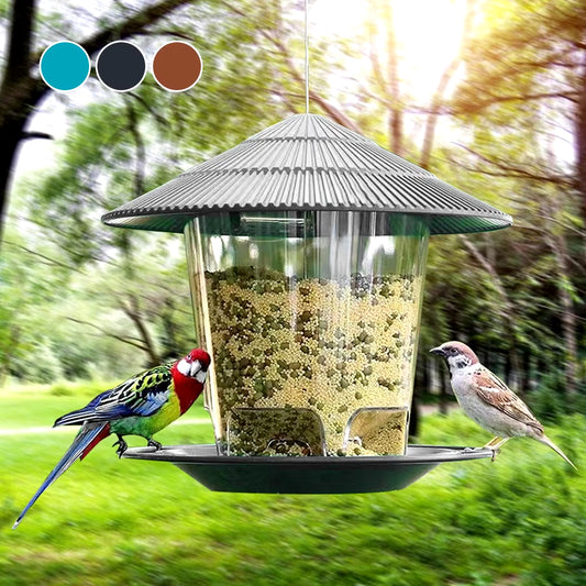 Automatic Outdoor Bird Feeder with Multi-Hole Dispenser and Hanging Nut Holder