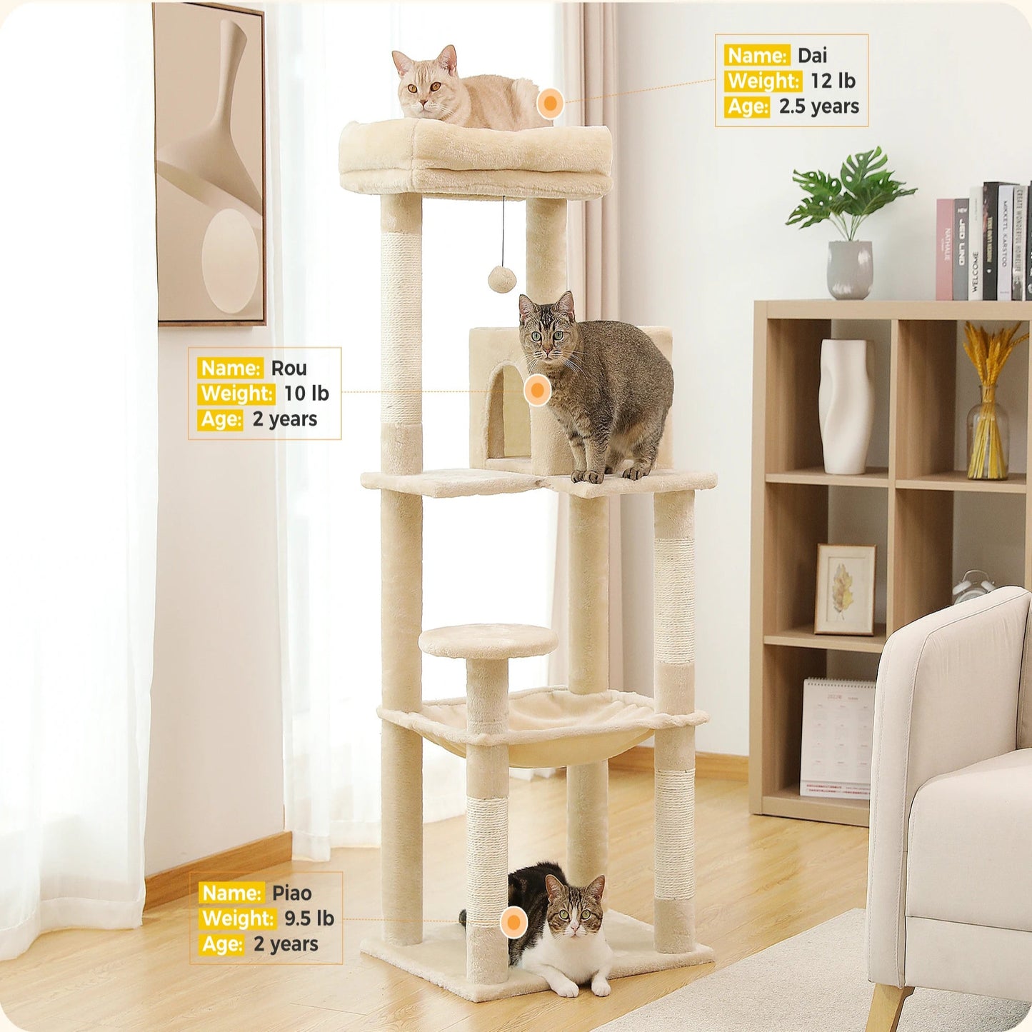 5-Level Indoor Cat Tree Tower for Large Cats with Spacious Hammock, Sisal Scratching Posts, Cozy Condo, and Elevated Perch