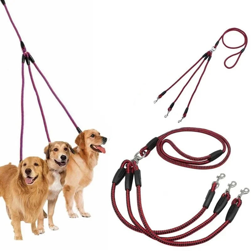 Adjustable Nylon Triple Coupler Pet Dog Walking Leash with Padded Soft Handle and No-Tangle Design
