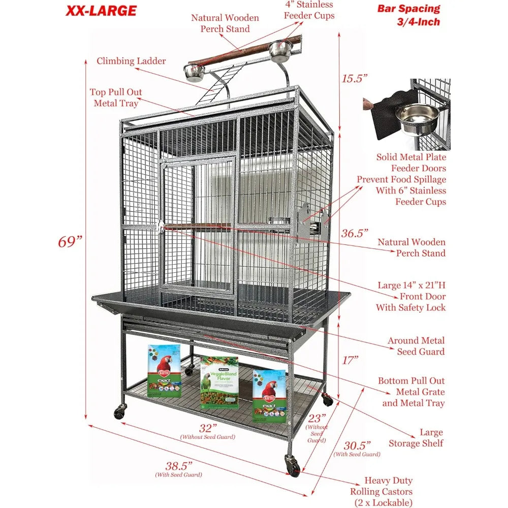Extra Large Elegant Wrought Iron Climbing Ladder Perch Stand for Ground Birds and Parrots with Rolling Metal Cage Included