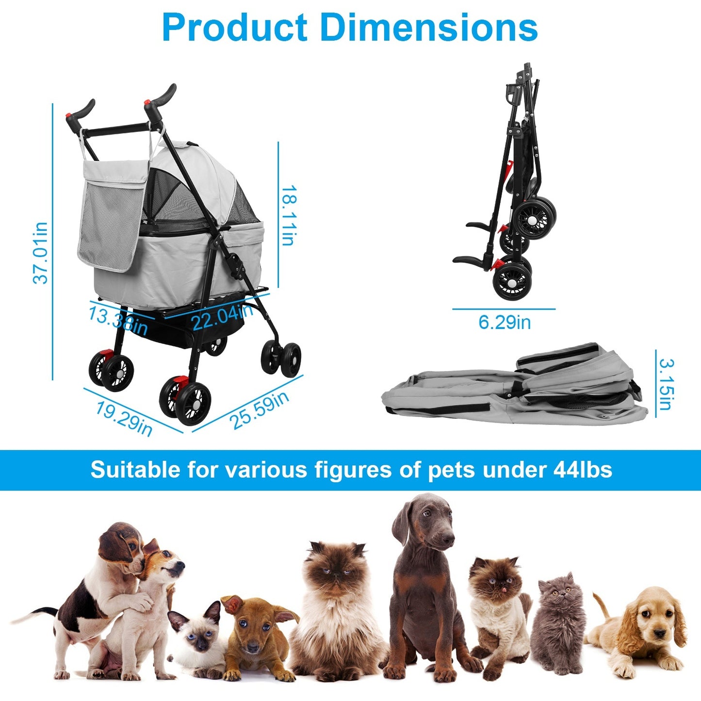 Pet Stroller Foldable Carrier Strolling Cart