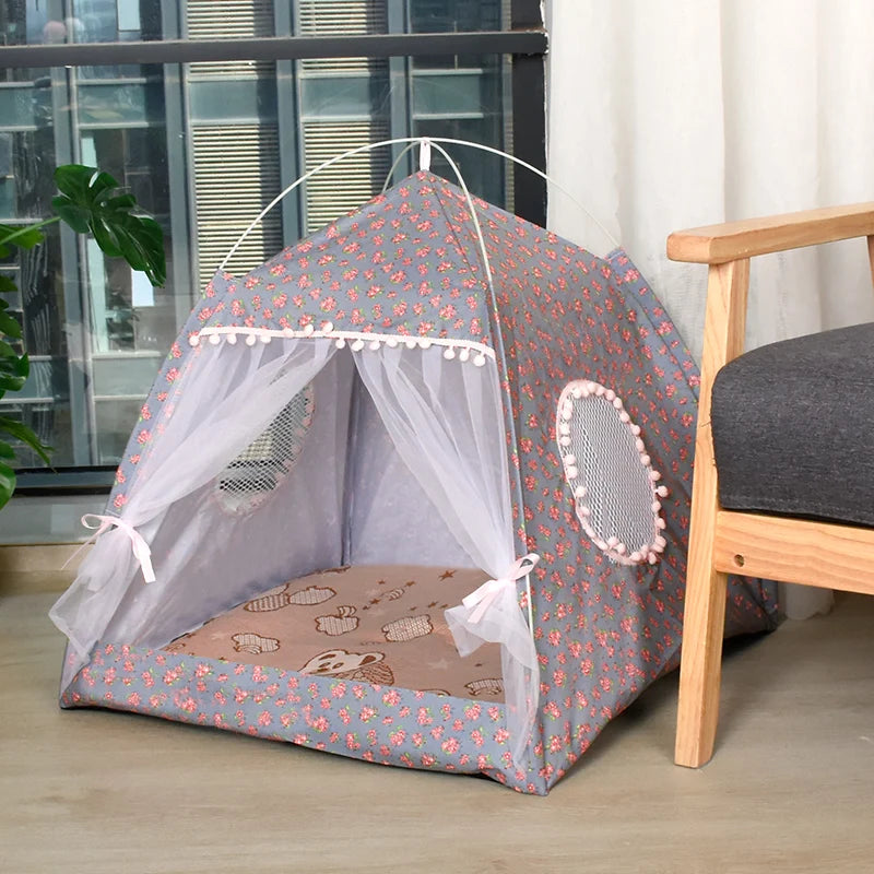 Semi-Enclosed Floral Cat Tent - Year-Round Pet Shelter for Dogs and Cats
