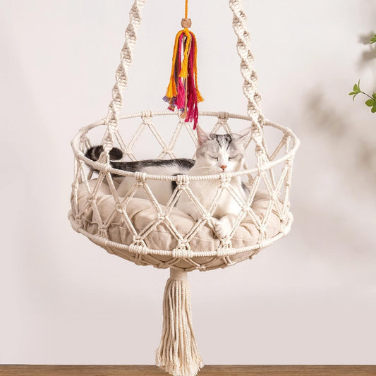 MEWOOFUN Handwoven Bohemian Macrame Cat Swing - Indoor Hammock with Plush Mat and Toy for Cats, Beige
