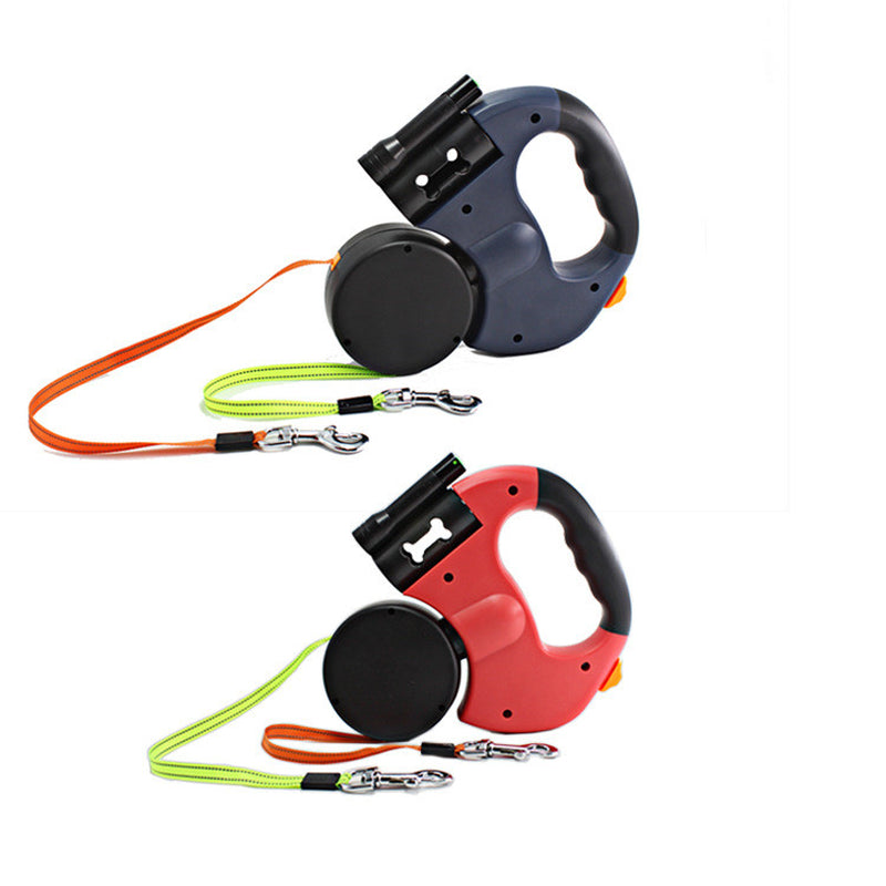Dual-Headed Pet Leashes with Built-In Flashlight and Automatic Retractable Waste Bag Dispenser