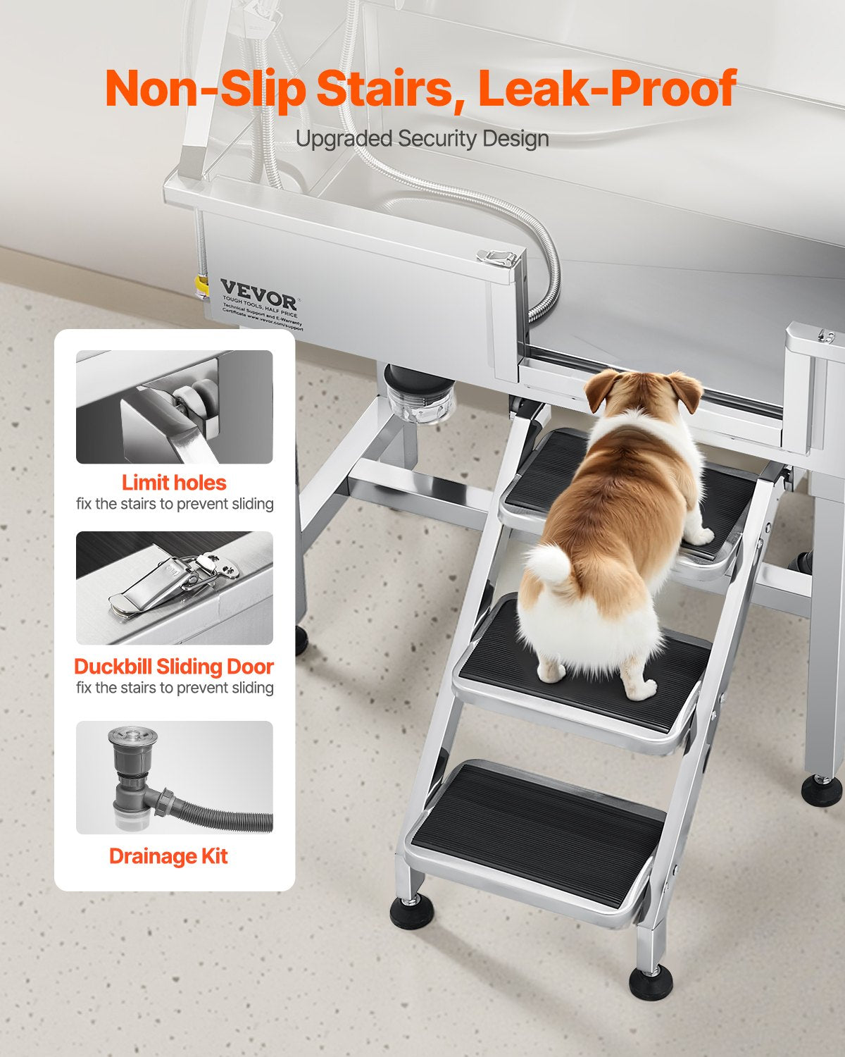Professional Stainless Steel Dog Grooming Bath Tub with Integrated Stairs and Faucet Showerhead, 34-Inch