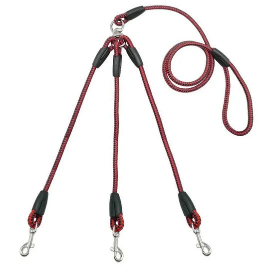 Adjustable Nylon Triple Coupler Pet Dog Walking Leash with Padded Soft Handle and No-Tangle Design