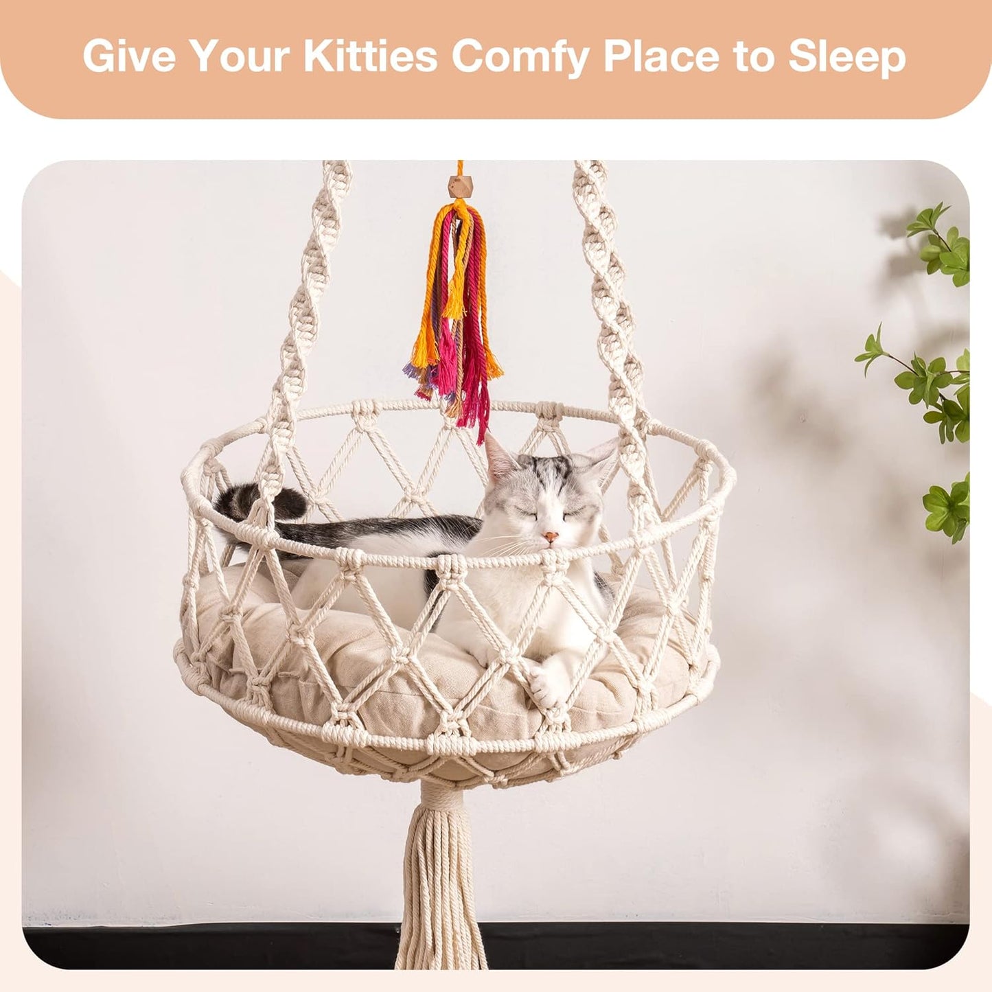 MEWOOFUN Handwoven Bohemian Macrame Cat Swing - Indoor Hammock with Plush Mat and Toy for Cats, Beige