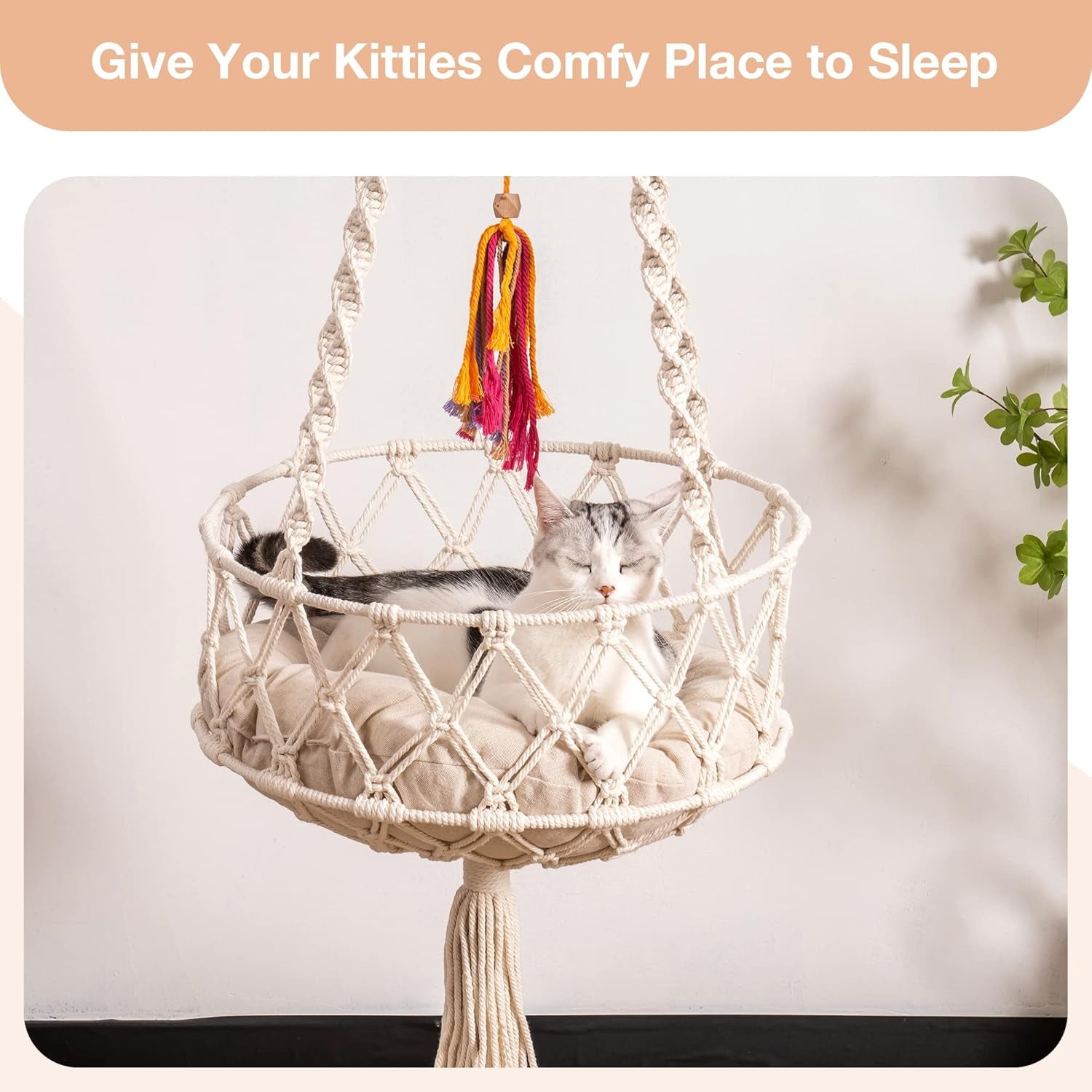 MEWOOFUN Handwoven Bohemian Macrame Cat Swing - Indoor Hammock with Plush Mat and Toy for Cats, Beige