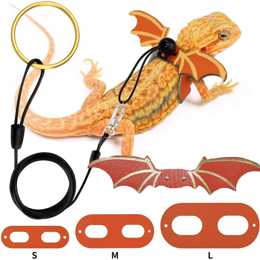 2022 Adjustable 3-Piece Bearded Dragon Leash Set with Bat Wing Design - Premium Soft Leather Harness for Amphibians and Small Reptiles