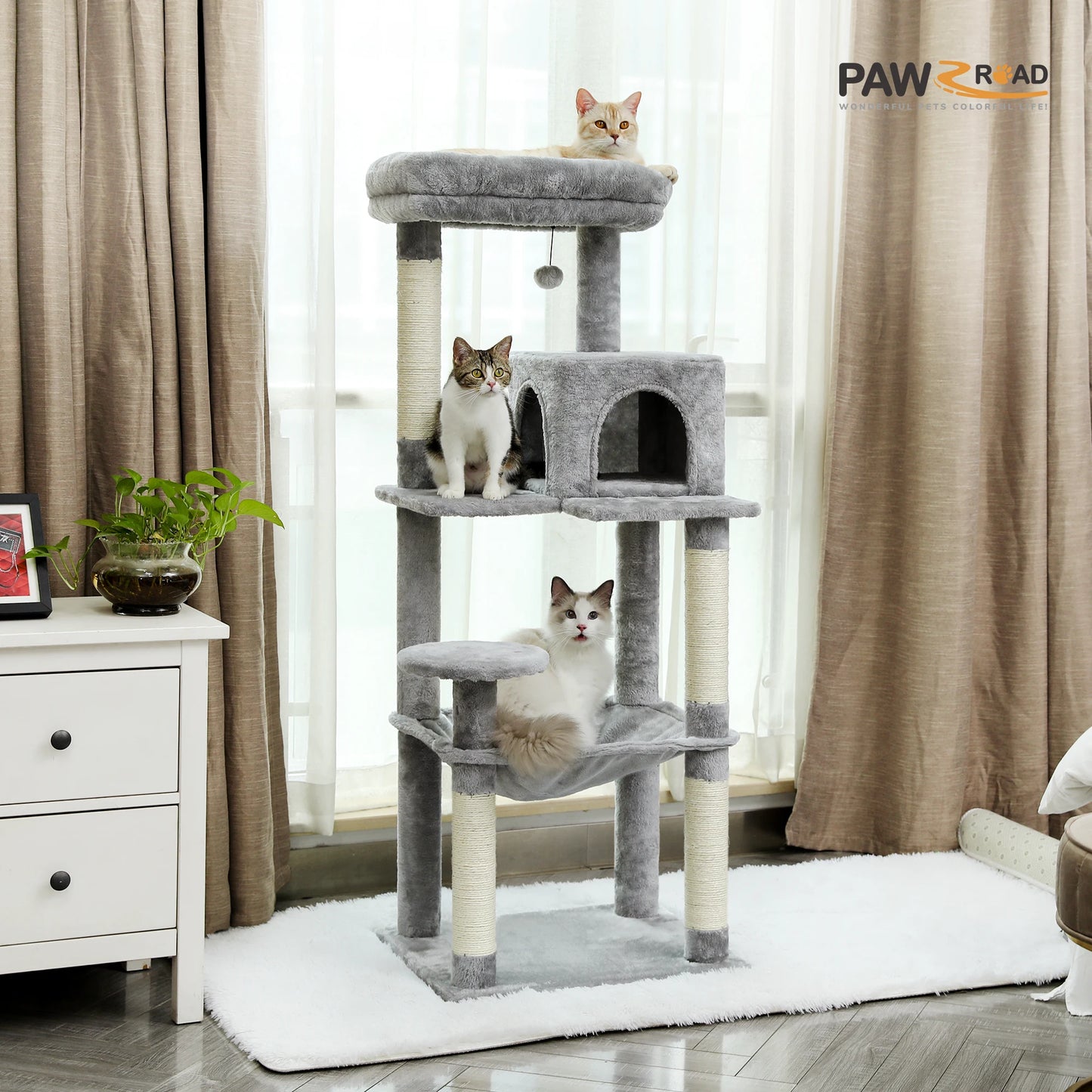 5-Level Indoor Cat Tree Tower for Large Cats with Spacious Hammock, Sisal Scratching Posts, Cozy Condo, and Elevated Perch