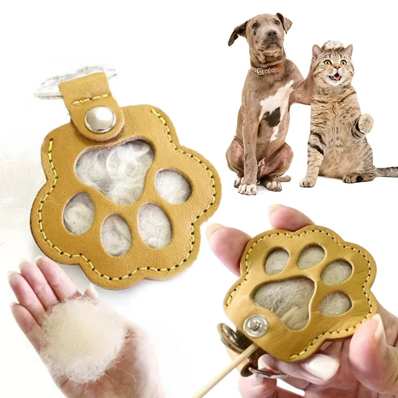 Premium Handcrafted Leather Pet Memorial Keychain with Cat Paw Motif and Hair Storage Pouch