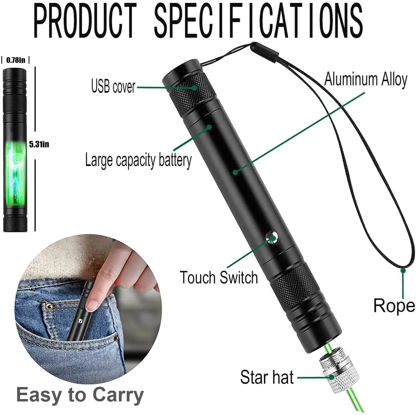 2-in-1 Portable Cat Laser Pointer and LED Training Torch - Green Flashlight Toy