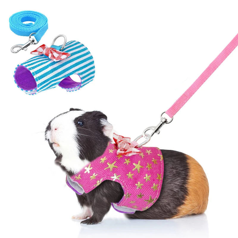 Pet Harness with Bowtie and Striped Star Design for Hamsters, Rabbits, Ferrets, and Rats - Includes Leash and Chest Strap