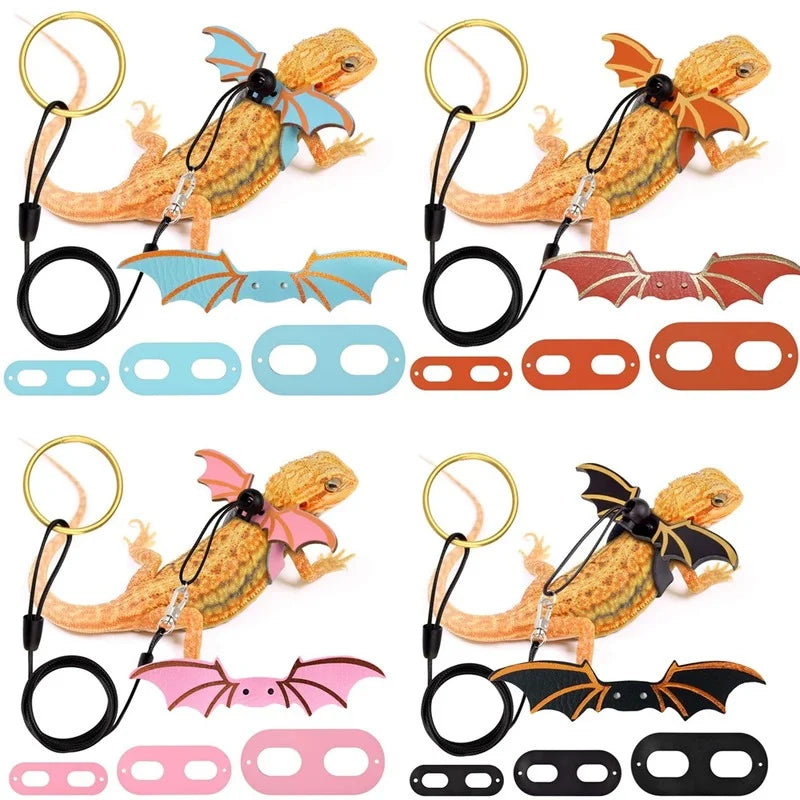2022 Adjustable 3-Piece Bearded Dragon Leash Set with Bat Wing Design - Premium Soft Leather Harness for Amphibians and Small Reptiles