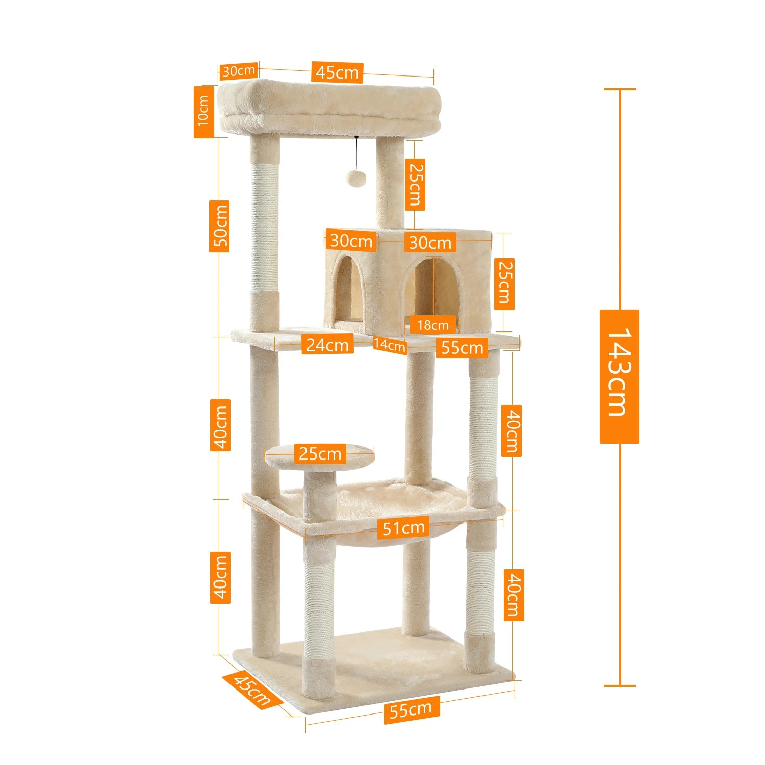 5-Level Indoor Cat Tree Tower for Large Cats with Spacious Hammock, Sisal Scratching Posts, Cozy Condo, and Elevated Perch