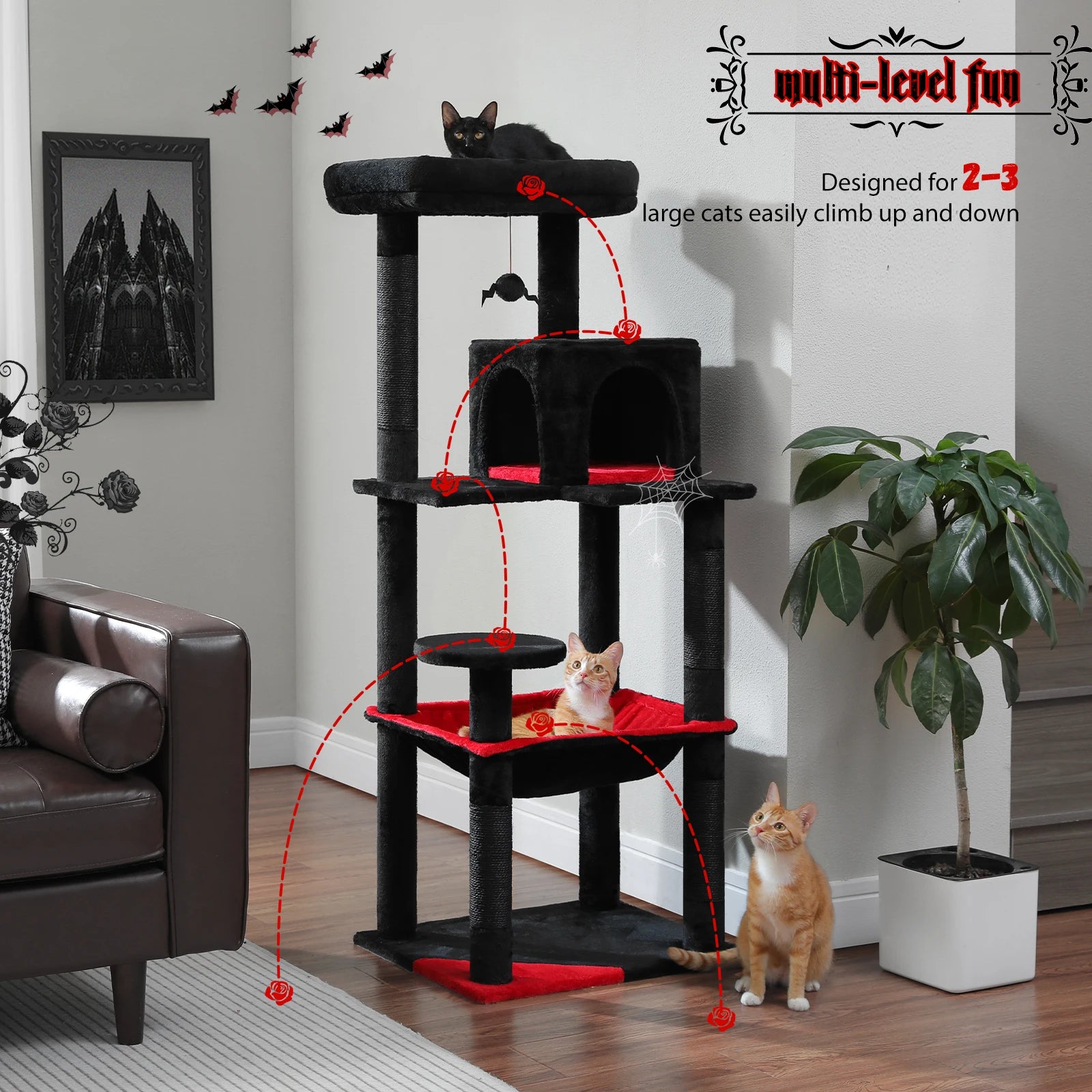 5-Level Indoor Cat Tree Tower for Large Cats with Spacious Hammock, Sisal Scratching Posts, Cozy Condo, and Elevated Perch