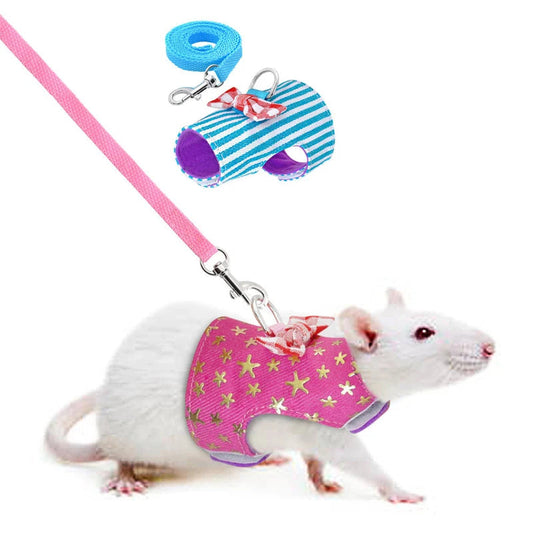 Pet Harness with Bowtie and Striped Star Design for Hamsters, Rabbits, Ferrets, and Rats - Includes Leash and Chest Strap