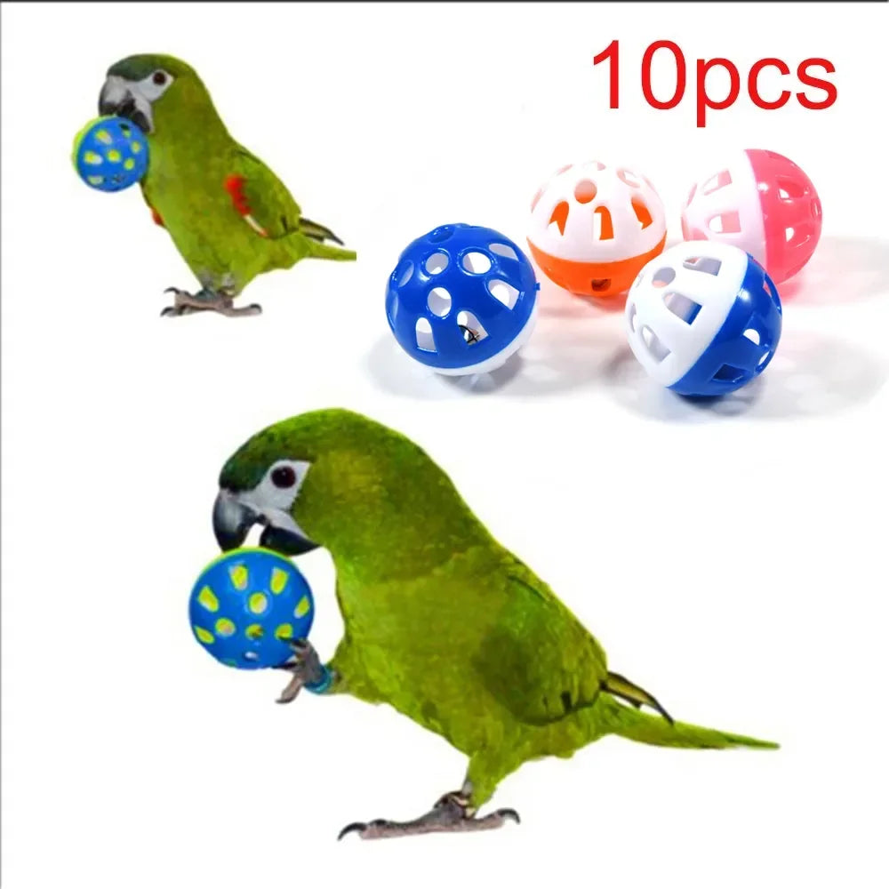 10-Piece Vibrantly Colored Hollow Rolling Bell Ball Toy Set for Parrots and Birds - Chewing and Play Essentials for Parakeets and Cockatiels