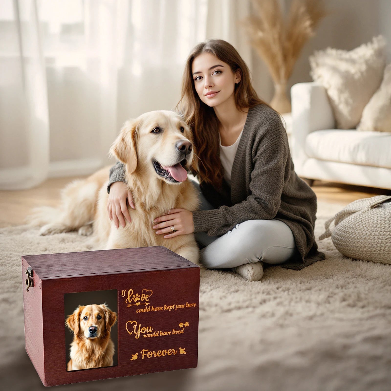 7-Inch Wooden Pet Memorial Urn with Photo Frame, Key, and Lock - Memorial Gifts for Beloved Dogs