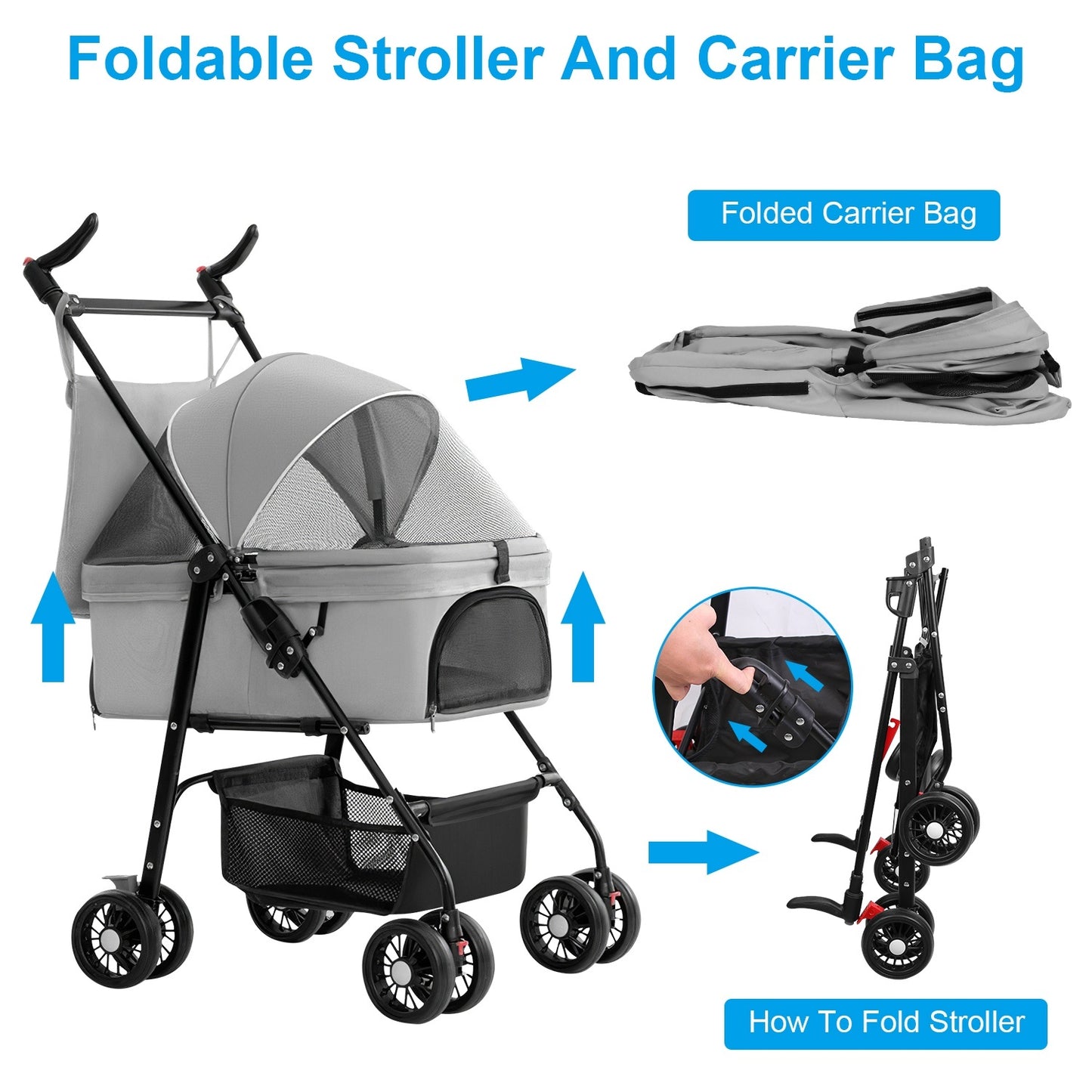Pet Stroller Foldable Carrier Strolling Cart