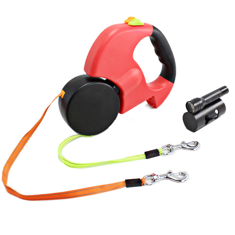 Dual-Headed Pet Leashes with Built-In Flashlight and Automatic Retractable Waste Bag Dispenser