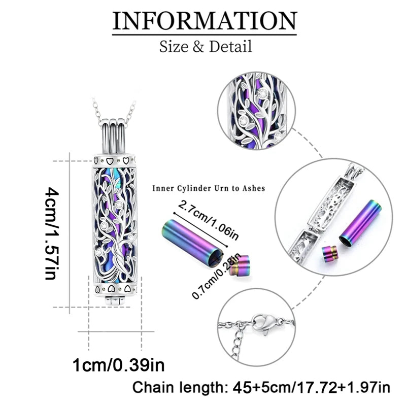 Cylinder Cremation Jewelry - Tree of Life Urn Ashes Necklace for Men and Women, Memorial Pendant for Ashes