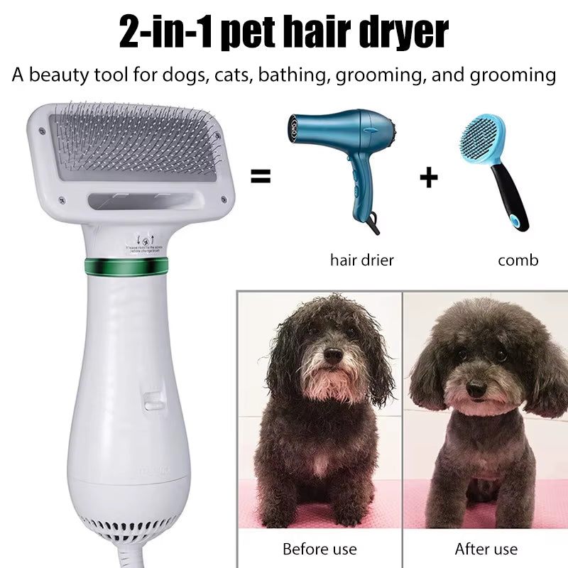 Professional 2-in-1 Pet Hair Dryer and Grooming Brush for Cats and Dogs - Portable Furry Drying Comb