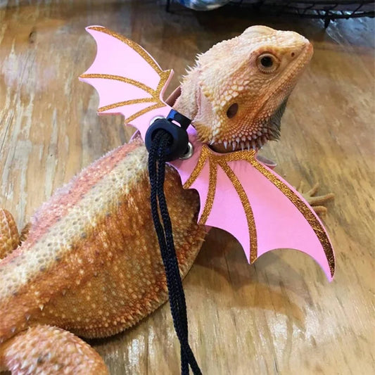2022 Adjustable 3-Piece Bearded Dragon Leash Set with Bat Wing Design - Premium Soft Leather Harness for Amphibians and Small Reptiles