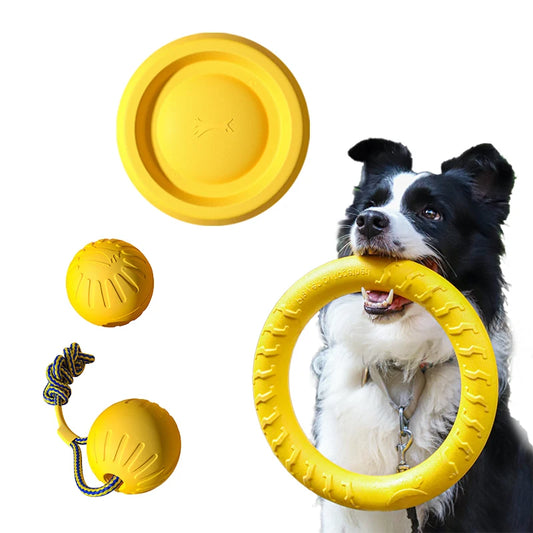 EVA Durable Dog Toy Set: 4-Pack of Flying Discs, Balls, and Tug Ropes for Effective Chew-Proof Dental Care for Puppies and Adult Dogs (2024 Best Seller)