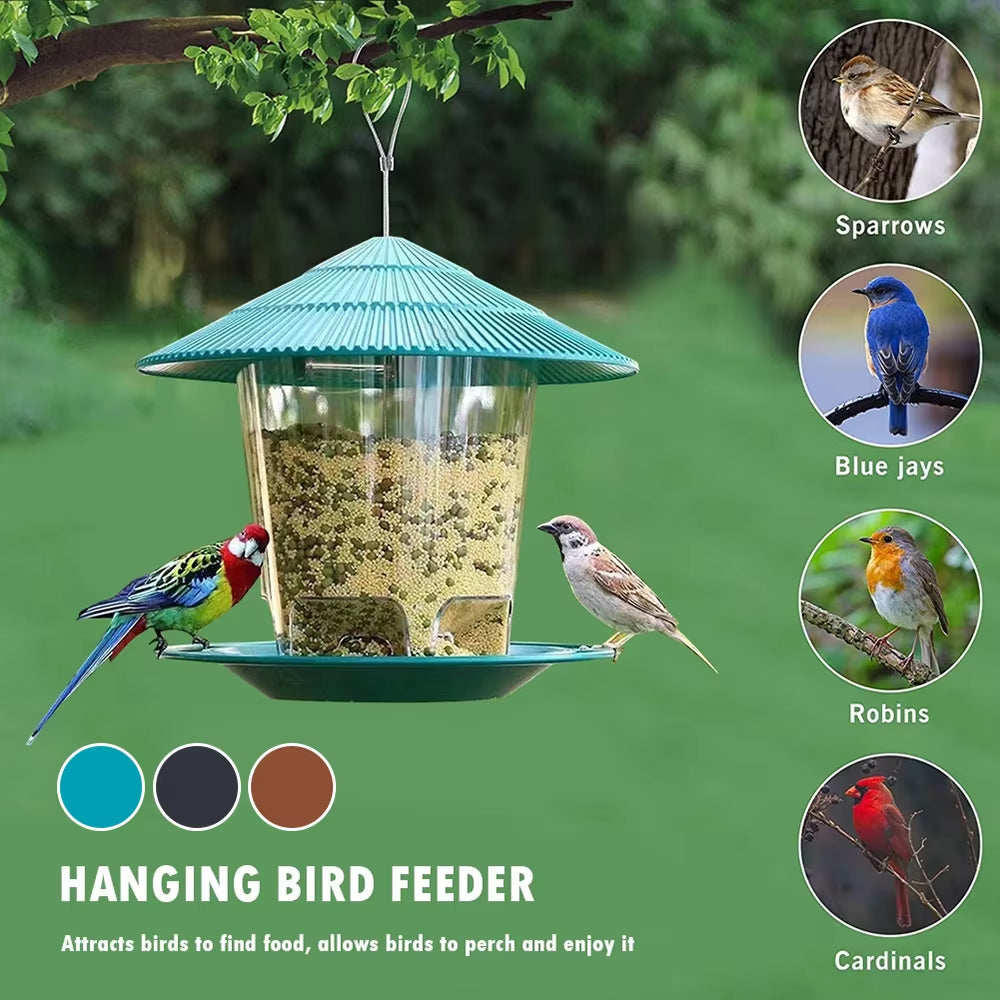 Automatic Outdoor Bird Feeder with Multi-Hole Dispenser and Hanging Nut Holder