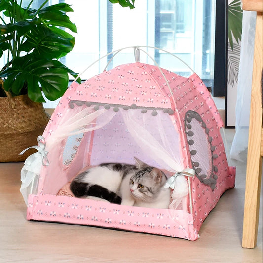 Semi-Enclosed Floral Cat Tent - Year-Round Pet Shelter for Dogs and Cats
