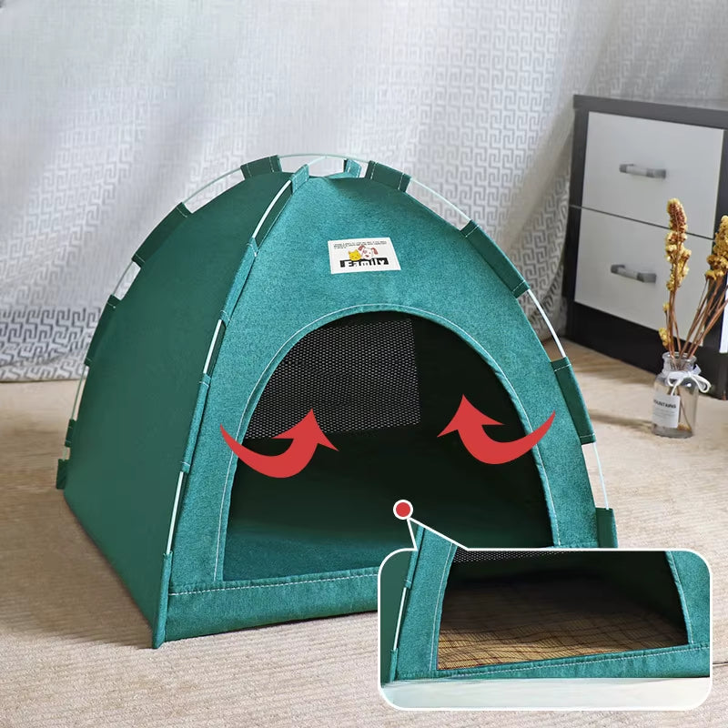 Portable Foldable Pet Tent - All-Season Universal Shelter for Cats and Dogs with Breathable Summer Cooling Mat for Outdoor Use