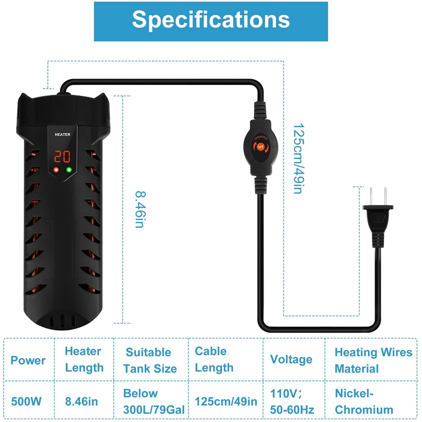 500W Submersible Aquarium Adjustable Temperature Fish Tank Heater & Thermostat