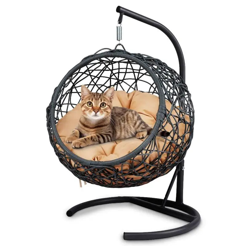 Indoor Cat Swing Bed with Stand and Cushion - Rattan Wicker Egg Chair for Cats and Small Pets in Yellow