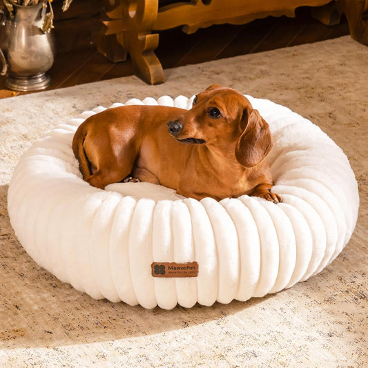 MEWOOFUN Calming Round Fluffy Dog Bed for Small Pets - Luxurious Non-Slip, Washable Design, 25x25x7 Inch in Cream