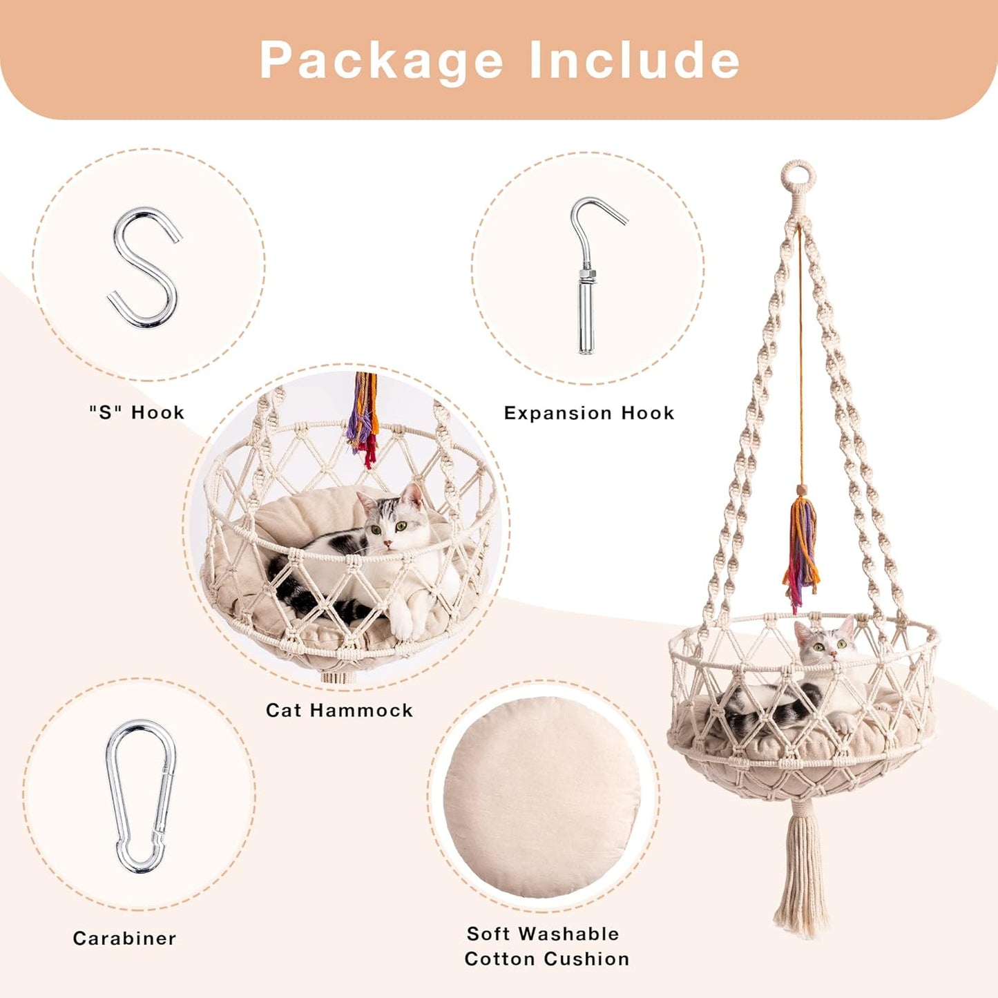 MEWOOFUN Handwoven Bohemian Macrame Cat Swing - Indoor Hammock with Plush Mat and Toy for Cats, Beige