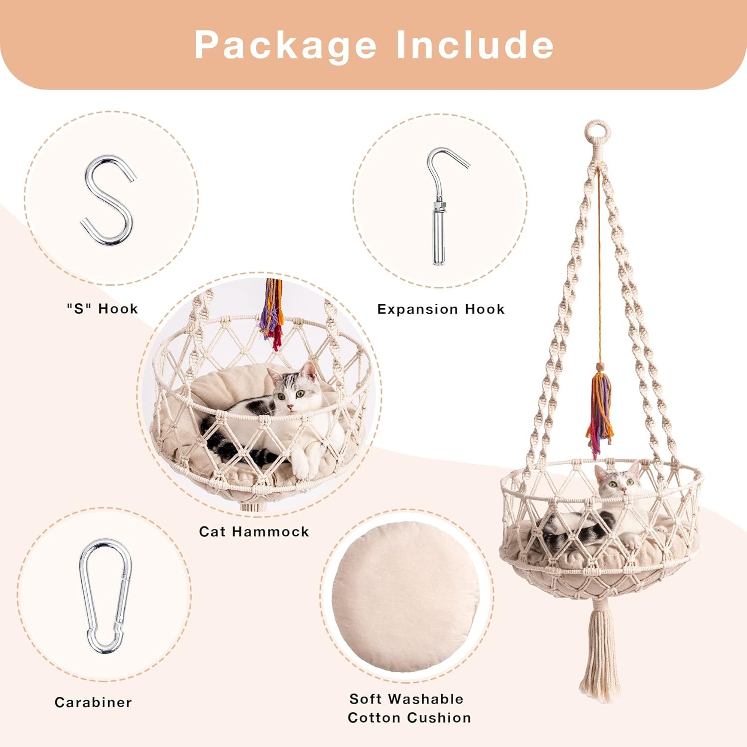 MEWOOFUN Handwoven Bohemian Macrame Cat Swing - Indoor Hammock with Plush Mat and Toy for Cats, Beige
