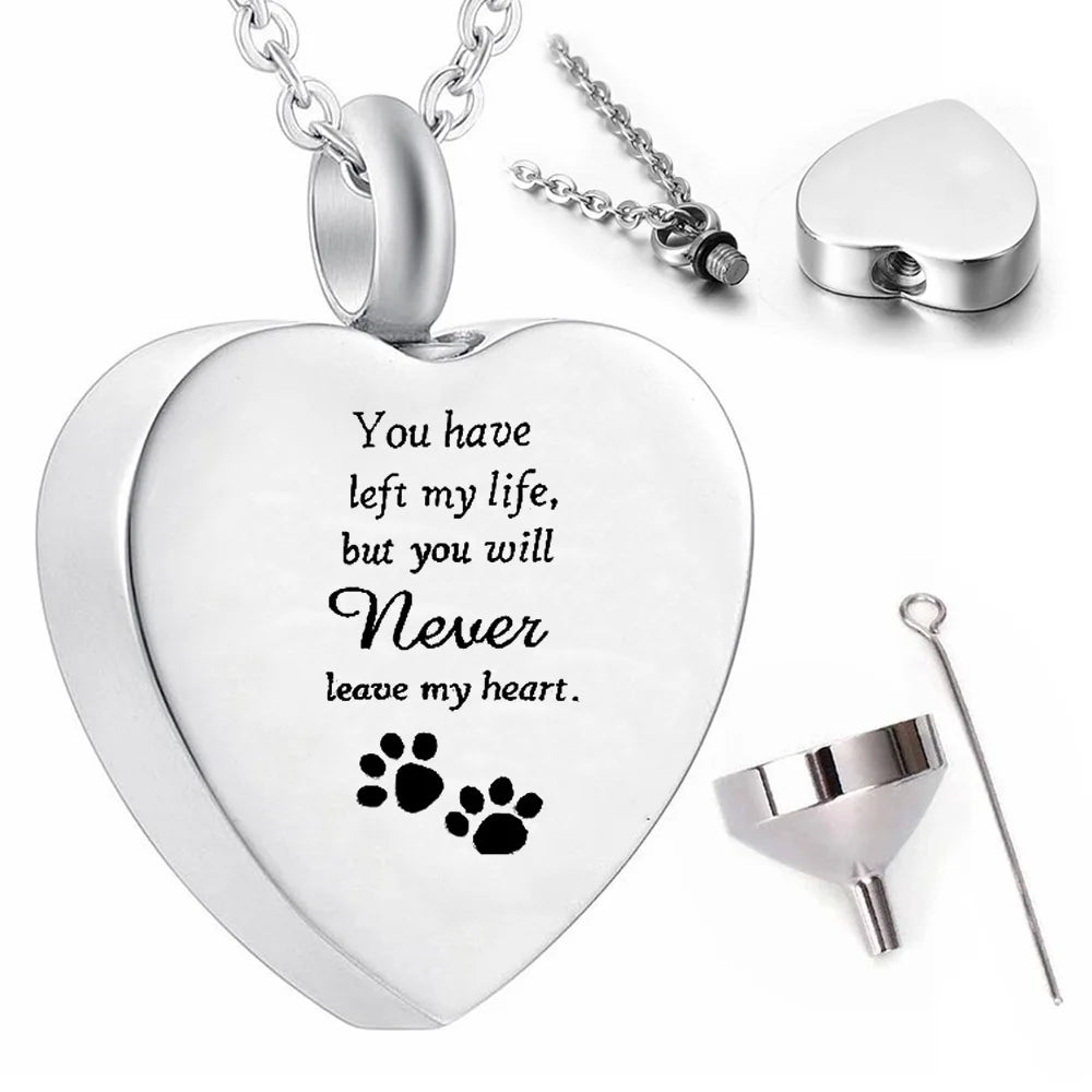 Silver Heart Cremation Jewelry Pendant Necklace for Pet Ashes - Memorial Keepsake with Funnel Filling Tool