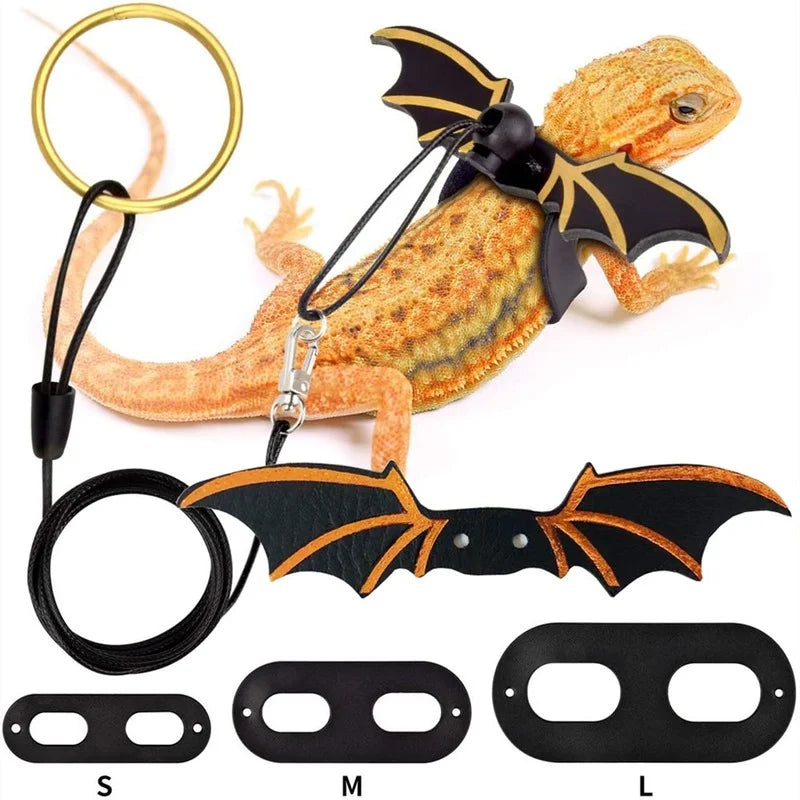 2022 Adjustable 3-Piece Bearded Dragon Leash Set with Bat Wing Design - Premium Soft Leather Harness for Amphibians and Small Reptiles