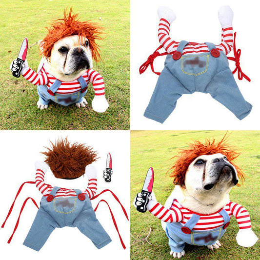 Humorous Dog Costumes for Halloween and Festivals - Comedic Outfits Featuring Knife Accessories for Pets