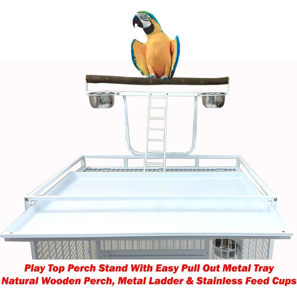 Extra Large Elegant Wrought Iron Climbing Ladder Perch Stand for Ground Birds and Parrots with Rolling Metal Cage Included
