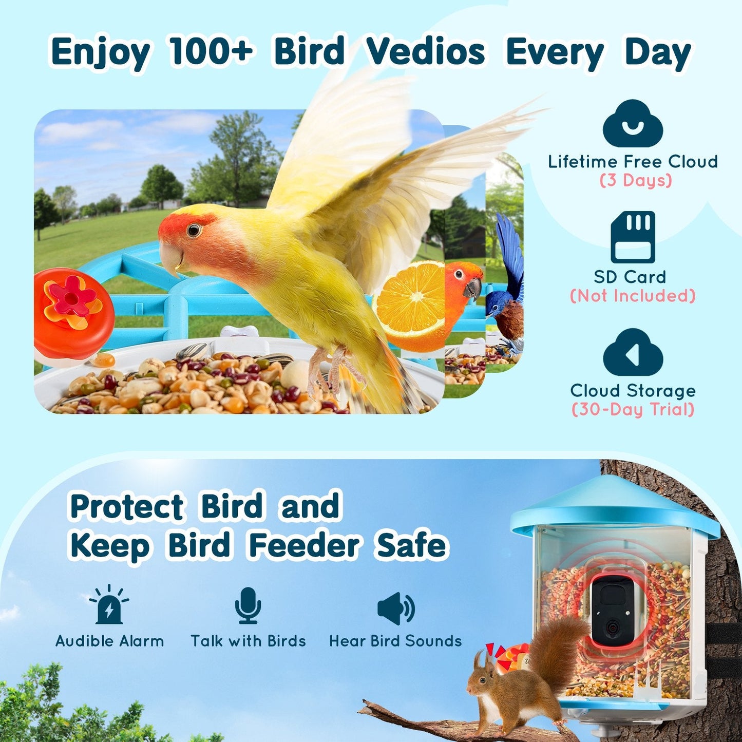 VEVOR Intelligent Bird Feeder with 2K HD Camera and AI-Driven Bird Species Identification for Automated Capture