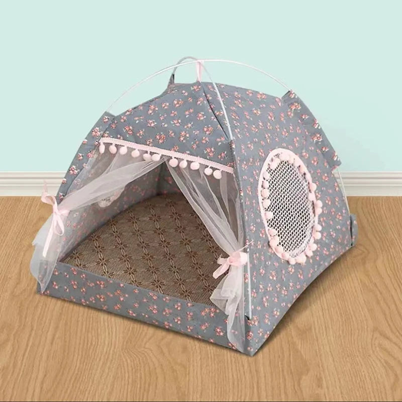 Semi-Enclosed Floral Cat Tent - Year-Round Pet Shelter for Dogs and Cats